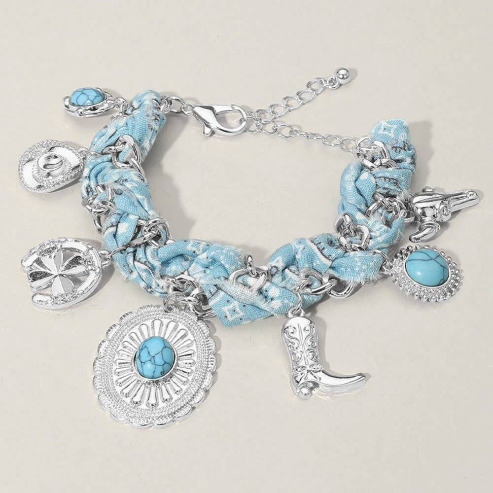 Western Charm Station Fabric Chain Bracelet | Boot, Hat & Pistol | Turquoise